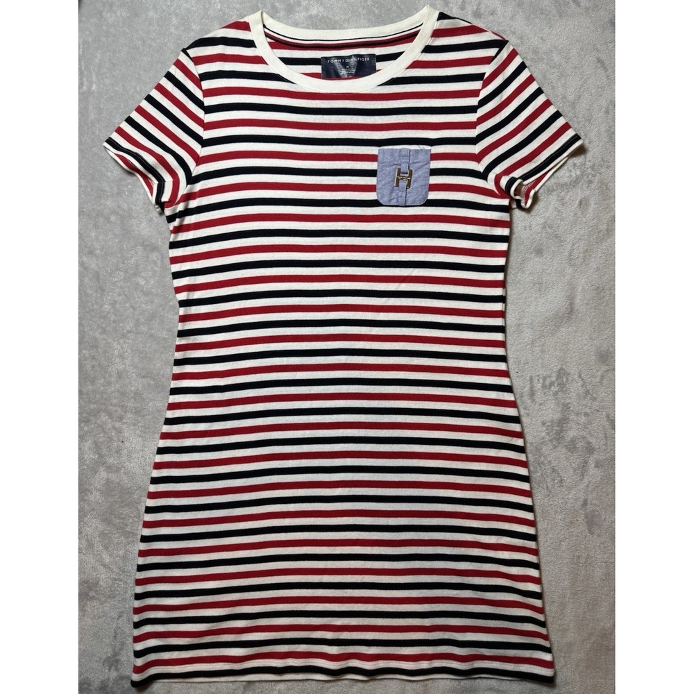 Tommy Hilfiger Women's M Red/White/Blue Striped Crew Neck Short Sleeve Knit Tee